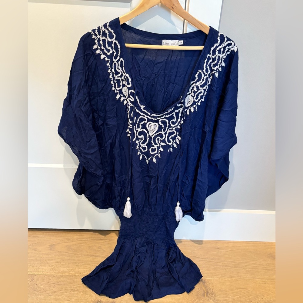 Tiare Hawaii Deep Blue Dress with White Embroidery